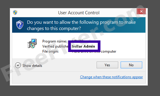 Screenshot where Svilar Admin appears as the verified publisher in the UAC dialog